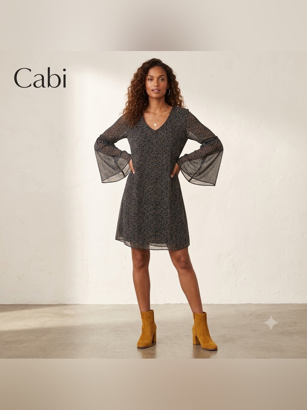 CAbi Black V-Neck Sheer Bell-Sleeve Midi Dress with Tiny Floral Print